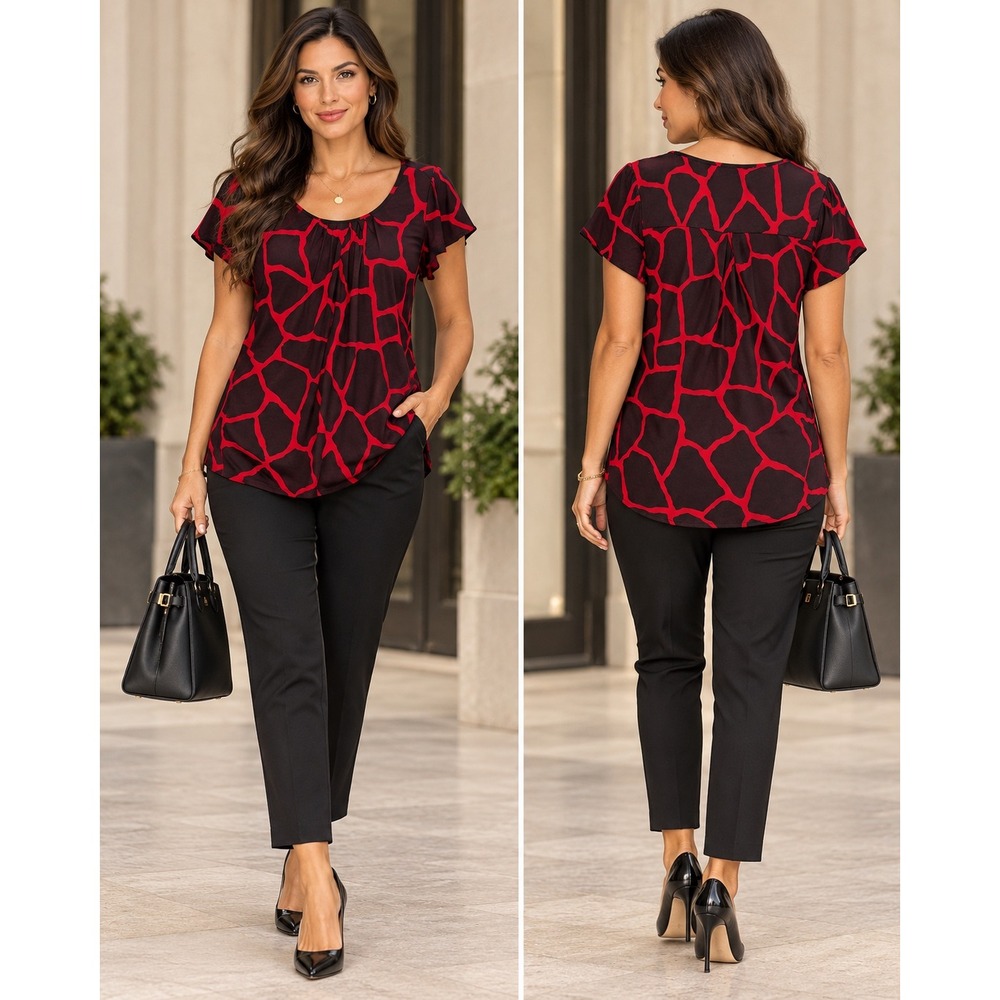 Michael Kors Womens Red Black Giraffe Print Pleated Scoop Neck Blouse Size S